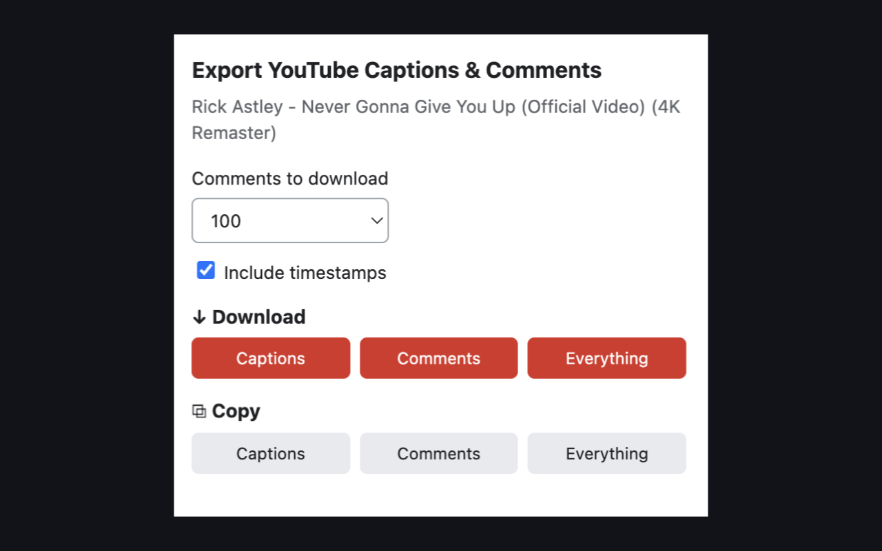 The extension popup with Download and Copy actions.