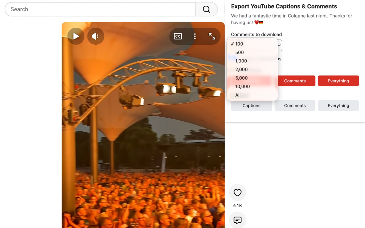 The extension open on a YouTube Short with the comment limit menu.