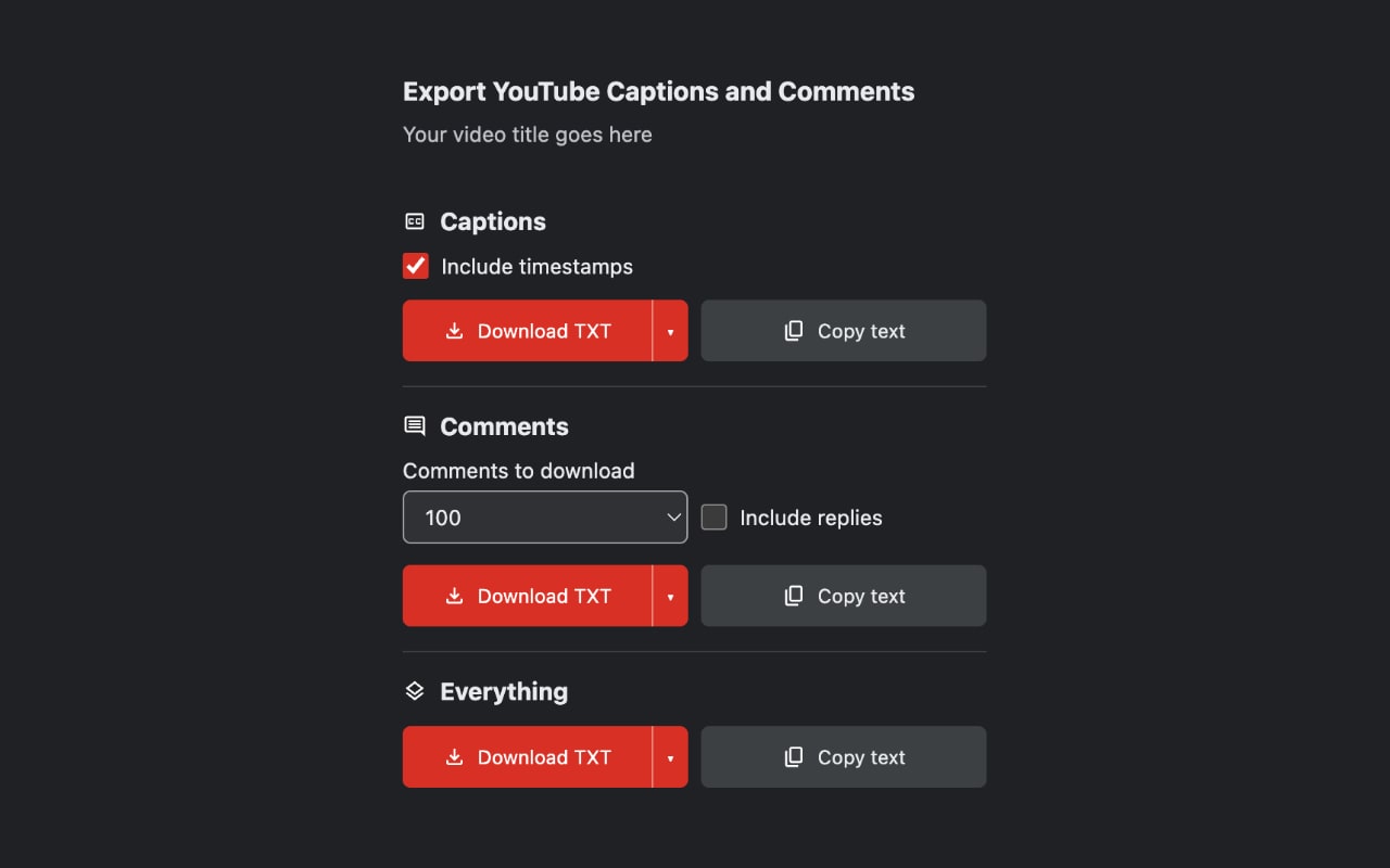 The extension popup with separate Captions, Comments, and Everything actions and format choices.