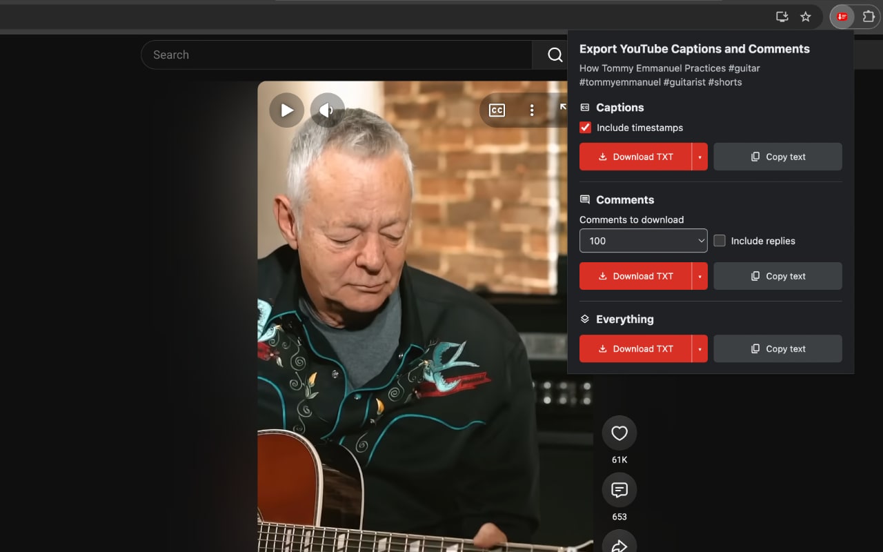 The extension open on a YouTube Short.