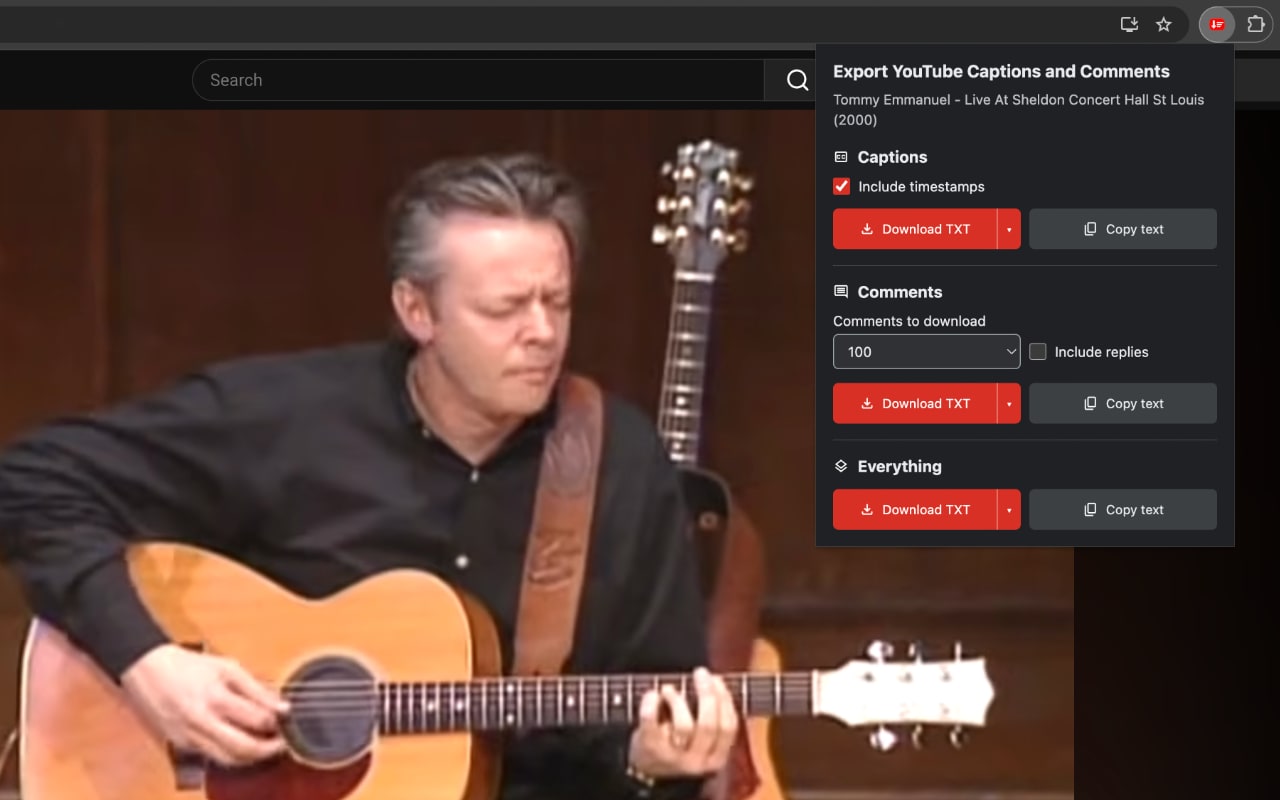 YouTube Transcript & Comments Downloader open on a YouTube video.