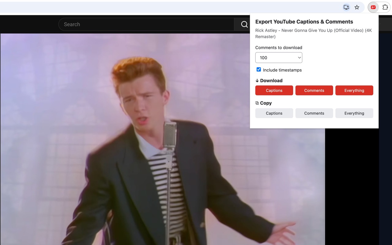 The extension open on a YouTube video.